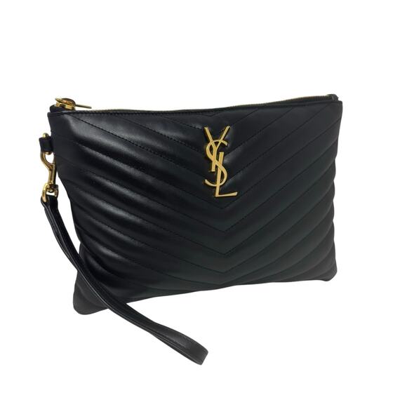 Saint Laurent YSL Uptown Pouch Black Chevron Quilted Leather Wristlet Bag Clutch - Picture 2 of 12